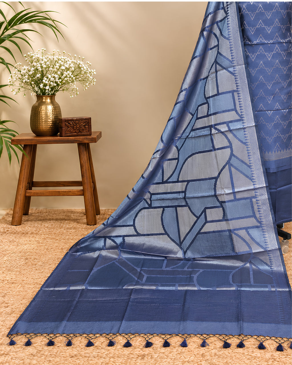 Royal blue Tussar zari Jacquard fabric with geometric pattern by S Fabs, showcasing intricate woven design and rich texture.
