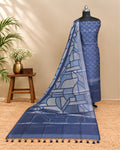 Rich royal blue Tussar zari Jacquard fabric with geometric pattern from S Fabs, showcasing intricate woven design.