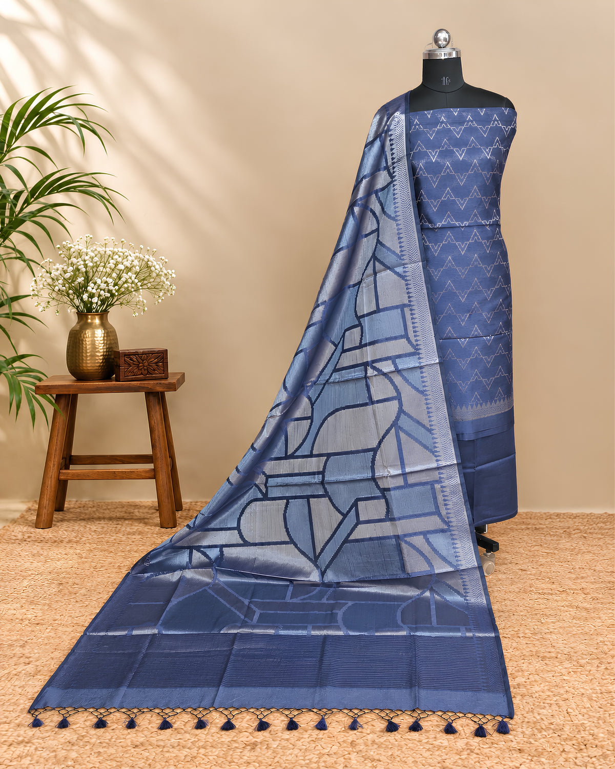 Rich royal blue Tussar zari Jacquard fabric with geometric pattern from S Fabs, showcasing intricate woven design.
