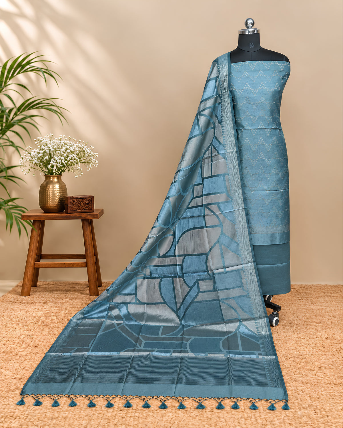 Teal blue Tussar zari Jacquard fabric with geometric pattern from S Fabs, showcasing intricate weaving and rich texture.