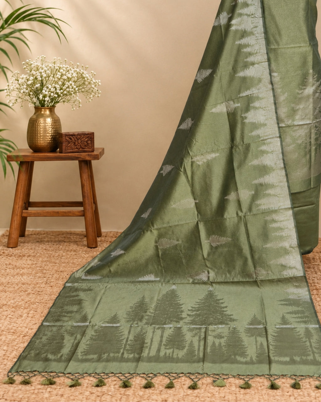 Olive green Tussar zari Jacquard fabric with pine tree pattern from S Fabs, showcasing intricate woven design and texture.