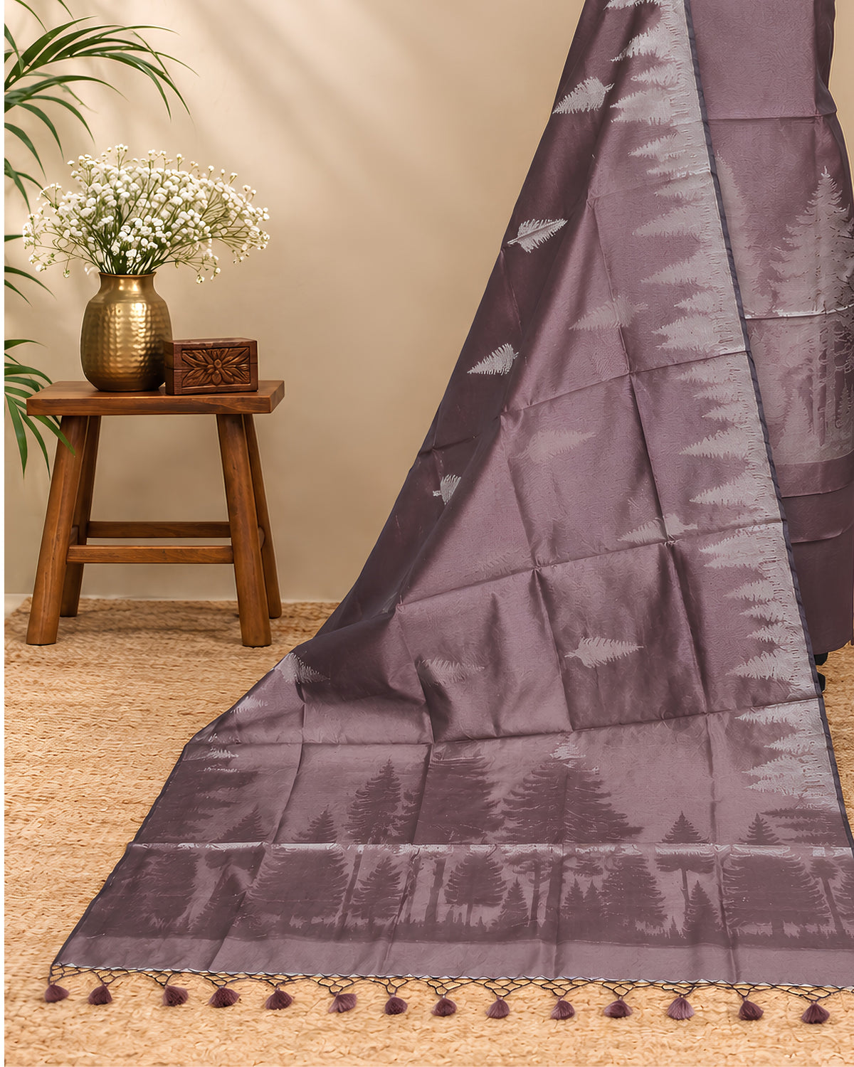 Rich mauve Tussar zari Jacquard fabric featuring pine tree pattern from S Fabs, showcasing intricate woven design.