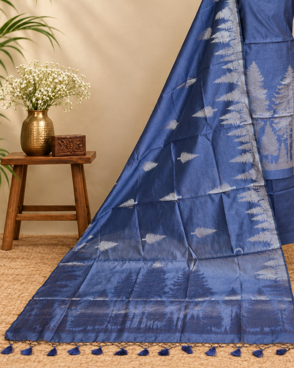 Royal blue Tussar zari Jacquard fabric with pine tree pattern from S Fabs, showcasing intricate woven design and rich texture.