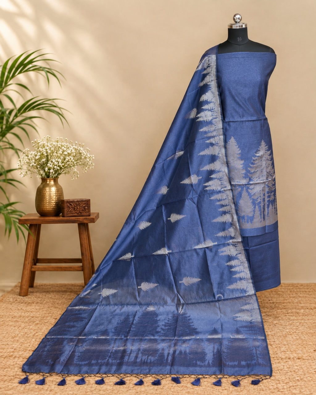 Royal blue Tussar zari Jacquard fabric with pine tree pattern from S Fabs, showcasing intricate woven design and rich texture.