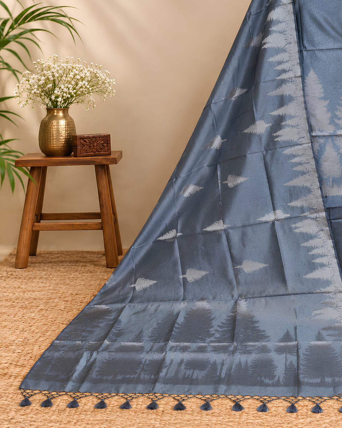 Steel grey Tussar zari Jacquard fabric with pine tree pattern by S Fabs, showcasing intricate woven design and luxurious texture.