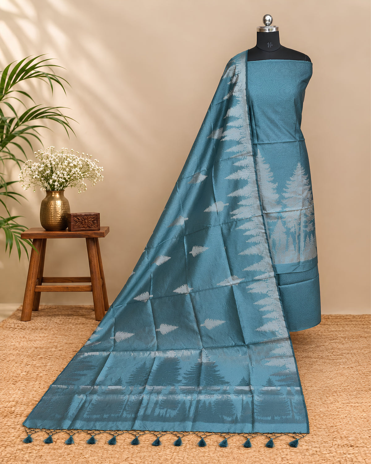 Teal blue Tussar zari Jacquard fabric with pine tree pattern from S Fabs, showcasing intricate woven design and rich texture.