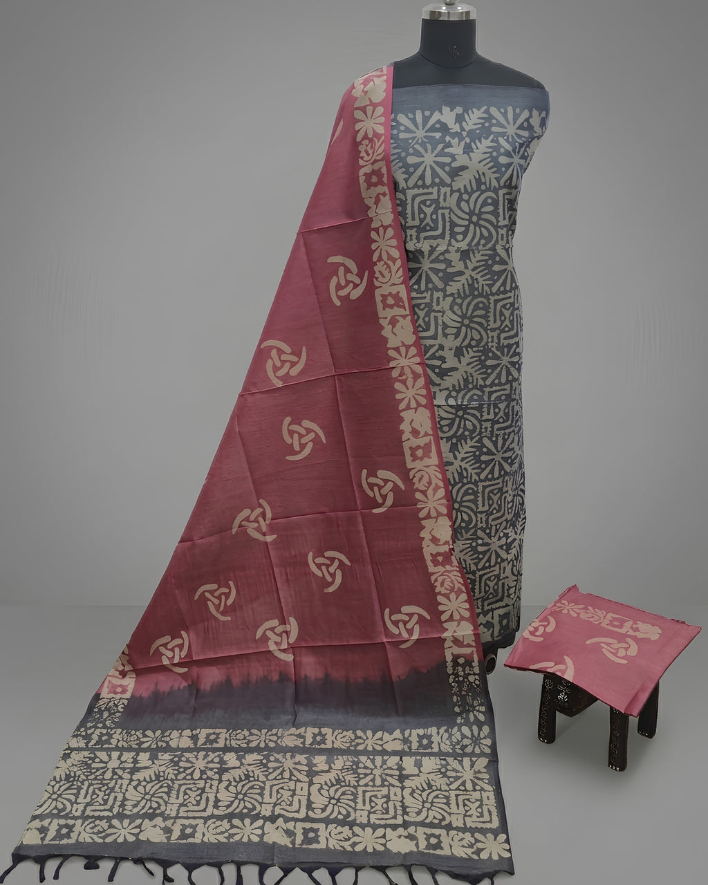 KHADI SILK CRACK BATIK  CHUDI SETS -SLATE GREY WITH  DUSTEY WINE